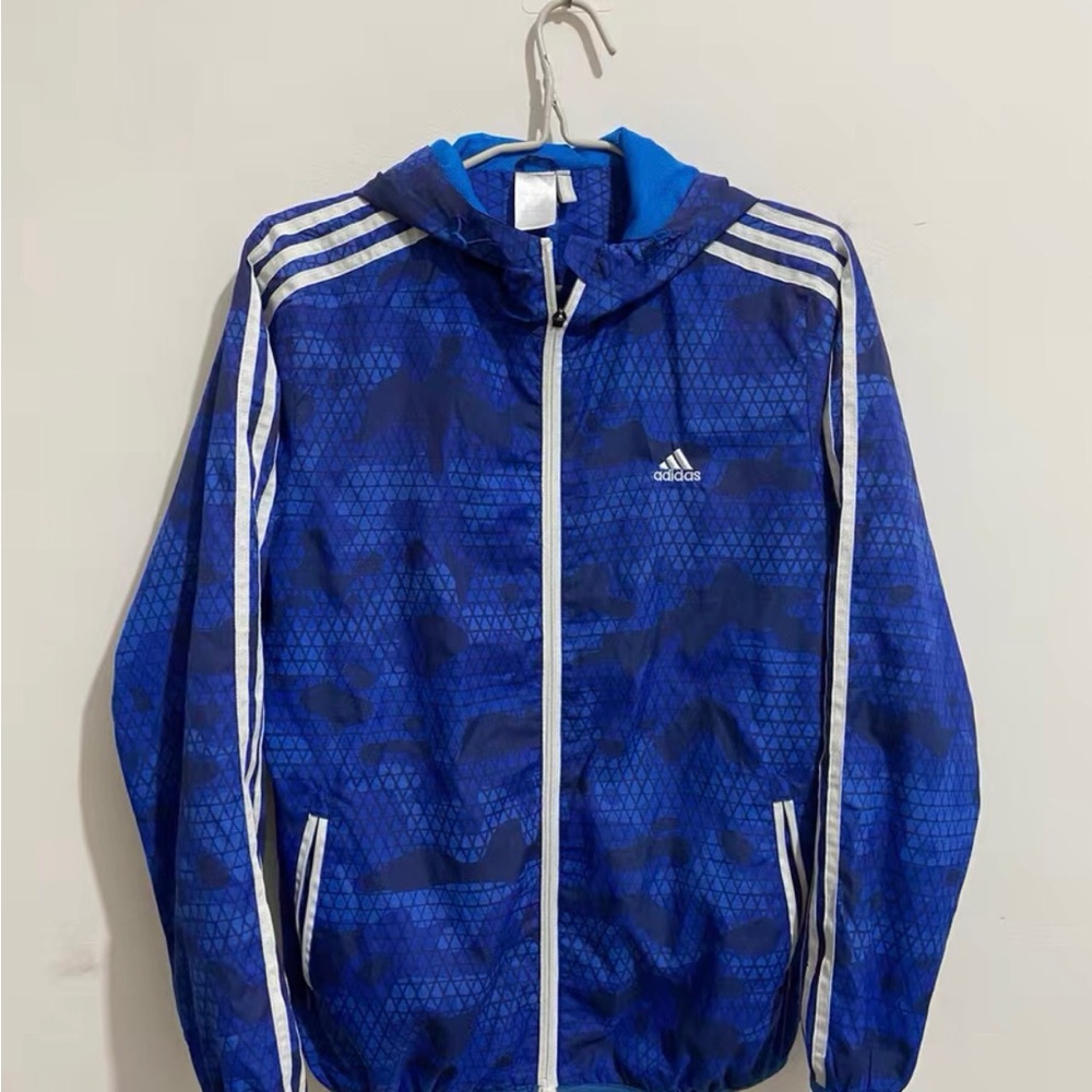 adidas Blue Hooded Windbreaker with White Stripes